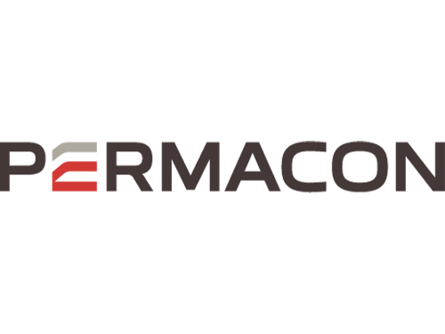 The image shows the logo of PERMACON, featuring bold capitalized text and a stylized red and gray emblem on a plain green background.