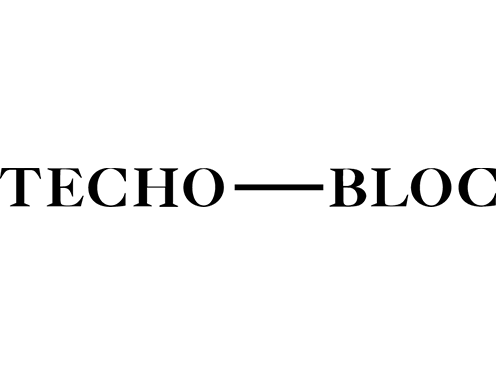 The image displays the text "TECHO—BLOC" in a minimalist, elegant font, centered on a solid dark green background with a clean and simple design.