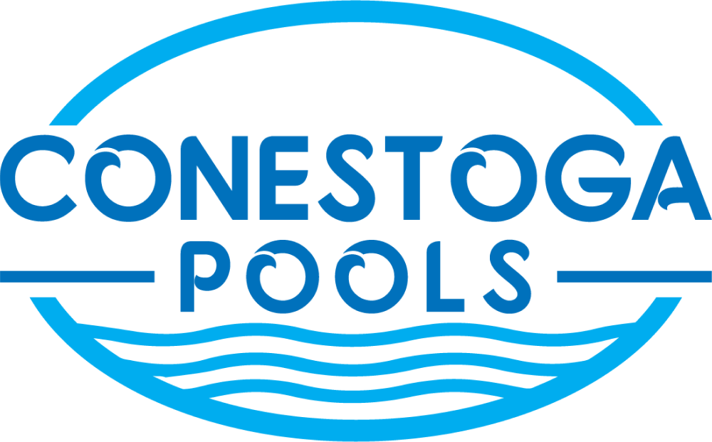 The image shows a logo for "Conestoga Pools" featuring stylized blue waves and an encompassing circle on a green background.