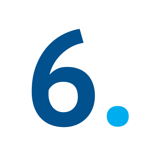 The image displays a large blue numeral six with a small blue dot to its lower right, both set against a plain dark green background.