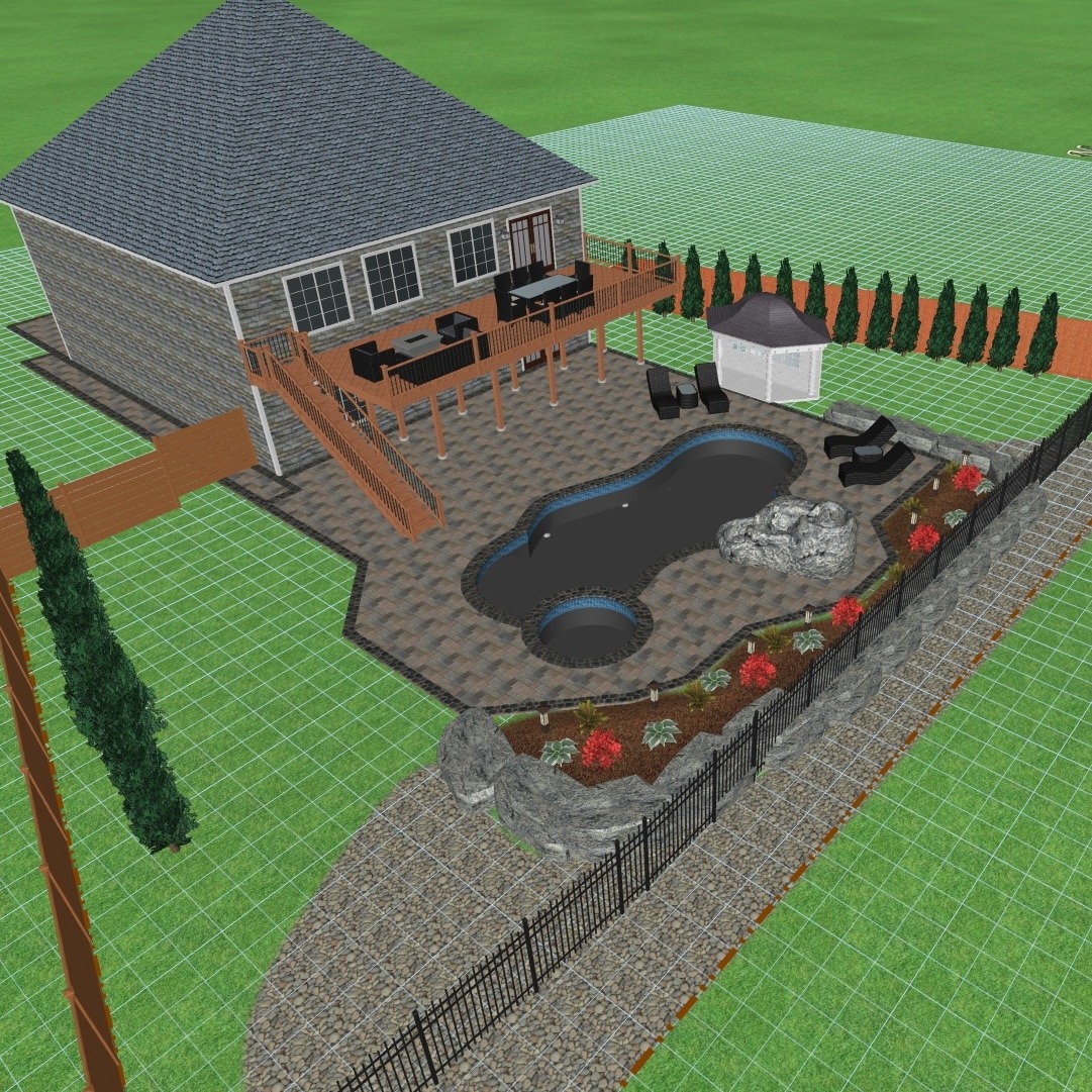 This is a 3D rendering of a backyard with a house, deck, patio, irregular-shaped pool, landscaping elements, outdoor furniture, and a fence.