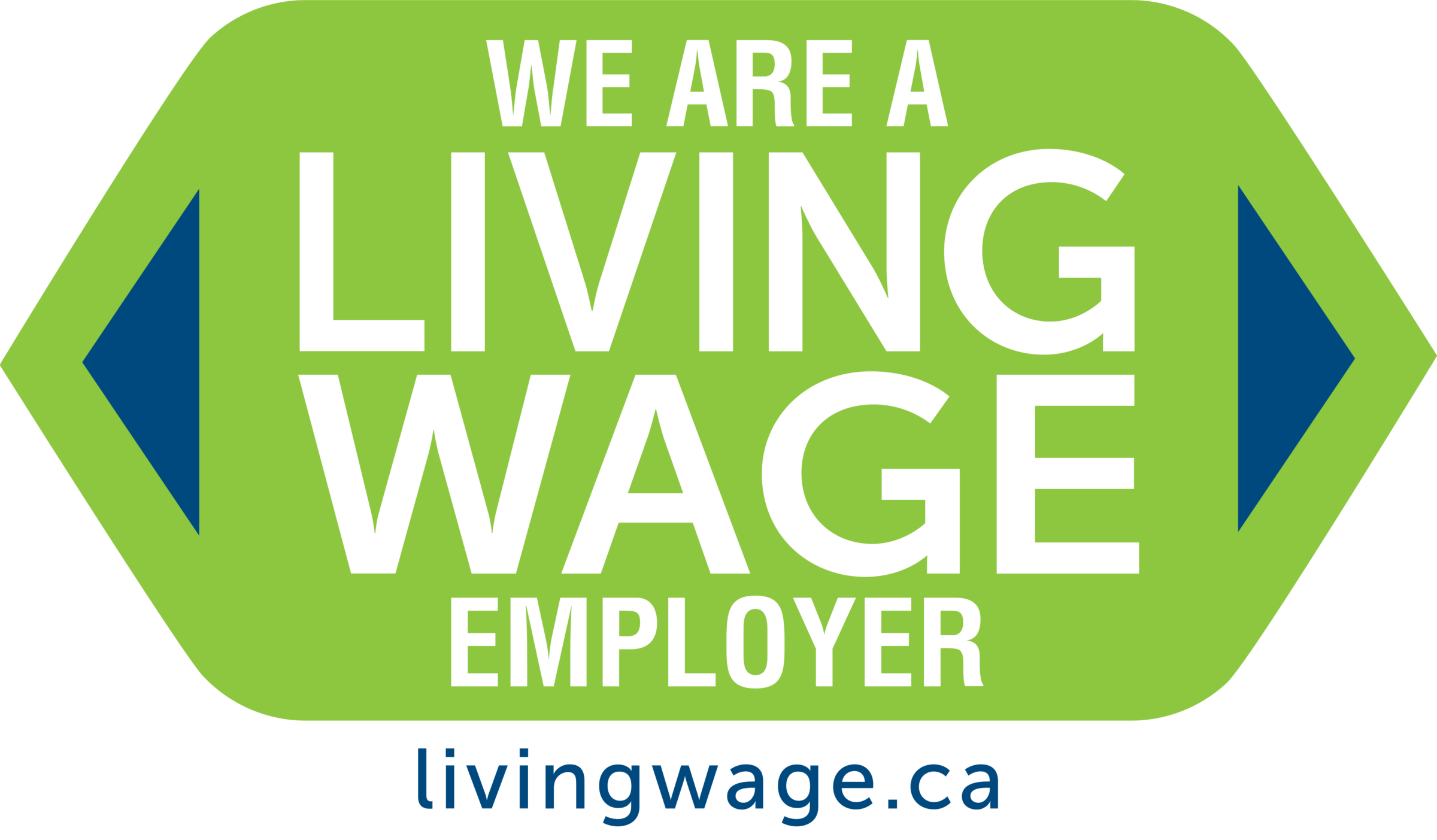 The image displays a logo with text "WE ARE A LIVING WAGE EMPLOYER" and a website address "livingwage.ca" on a green background with blue arrows.